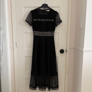 Maje Black Midi Dress with Lace Accents